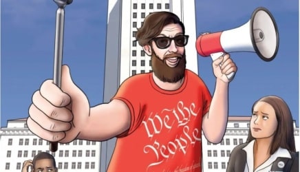 A man in an American flag outfit expressing free speech on a megaphone while recording on his cell phone. A cop and politician look at him wearily