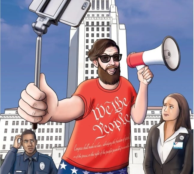 A man in an American flag outfit expressing free speech on a megaphone while recording on his cell phone. A cop and politician look at him awkwardly.